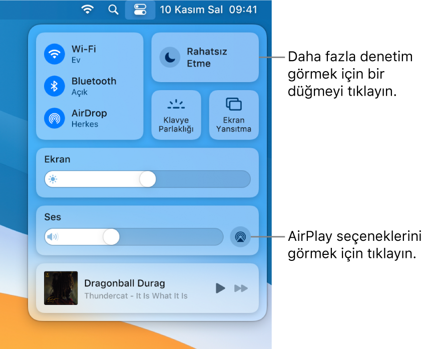 Mac’inizdeki Denetim Merkezi’nin büyütülmüş görüntüsü.