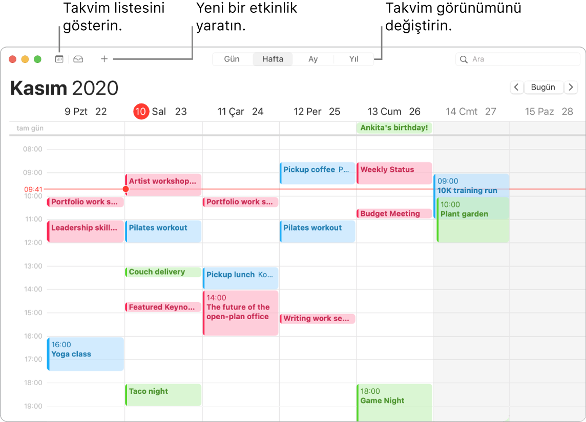 Etkinlik yaratmayı, takvim listesini göstermeyi ve Gün, Hafta, Ay veya Yıl görüntüsünü seçmeyi gösteren bir Takvim penceresi.