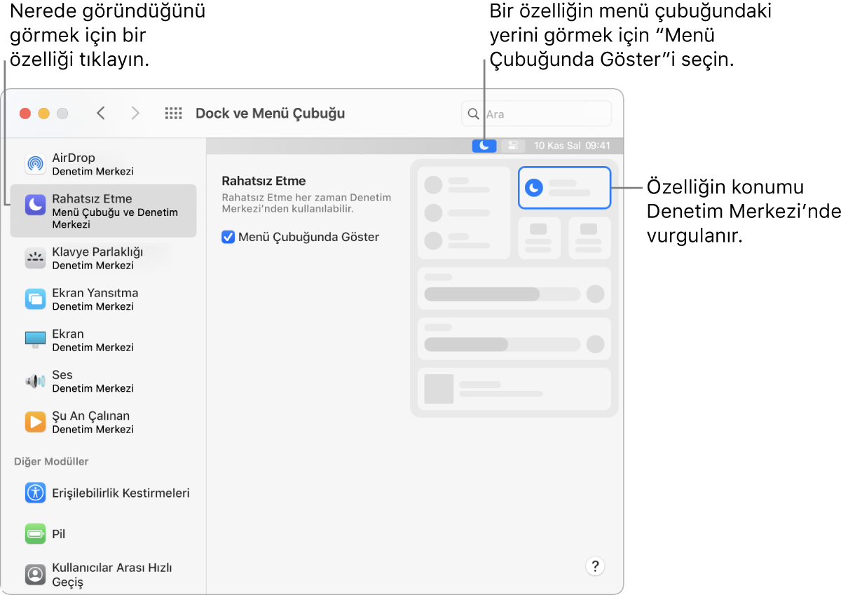 Dock ve Menü Çubuğu tercihleri penceresi.