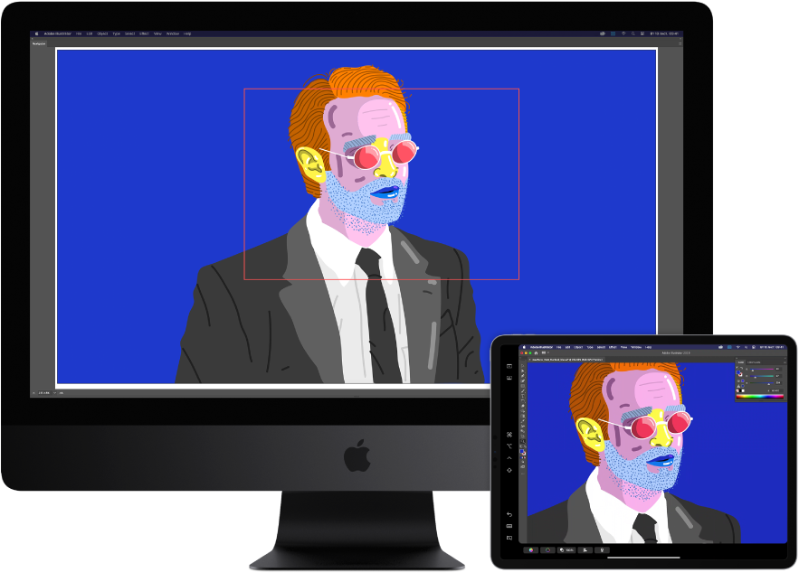 iMac Pro та iPad поруч. На iMac Pro показано рисунок у вікні навігатора програми Illustrator. На iPad показано той самий рисунок у вікні документа Illustrator, який оточено панелям інструментів.