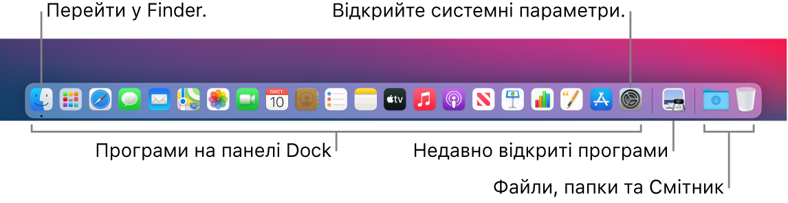 Панель Dock, Finder і Системні параметри та риска, що відокремлює програми від папок і файлів на панелі Dock.