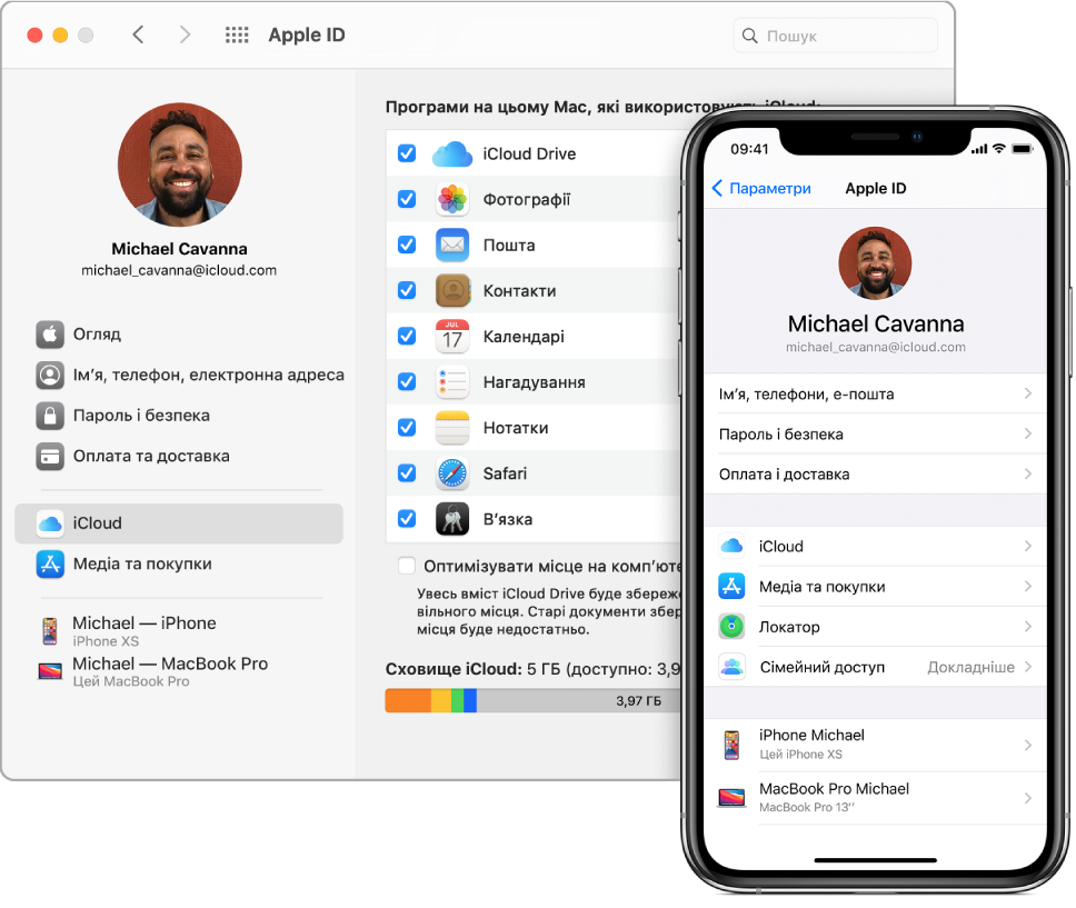 Параметри iCloud на iPhone і вікно iCloud на Mac.