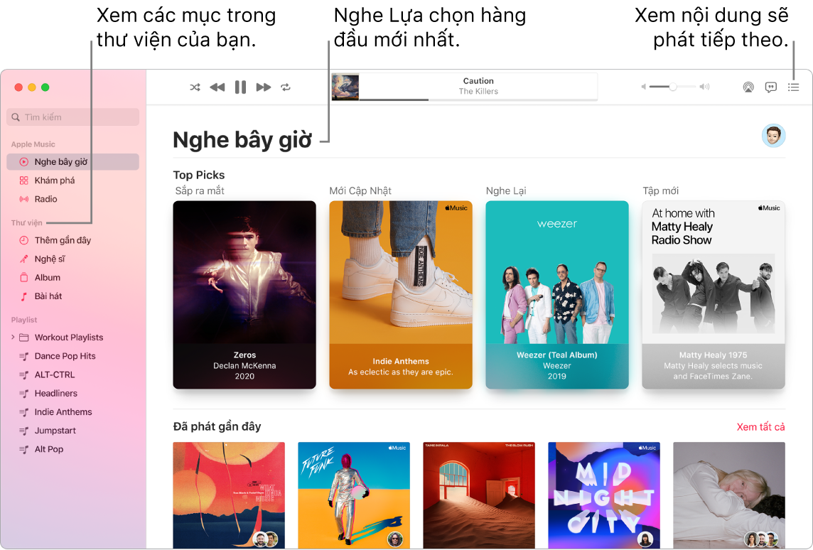 Một cửa sổ ứng dụng Nhạc đang minh họa cách xem thư viện của bạn, nghe Apple Music và xem bài nào sẽ phát tiếp theo.