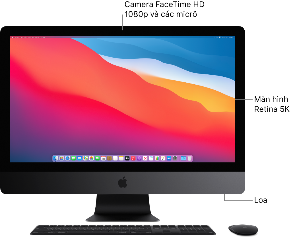 Hình ảnh mặt trước của iMac Pro, đang hiển thị màn hình, camera, micrô và loa.