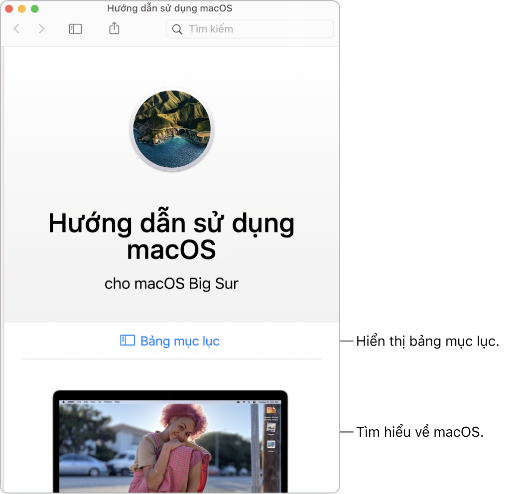 Trang chào mừng Hướng dẫn sử dụng macOS đang hiển thị liên kết Bảng mục lục.