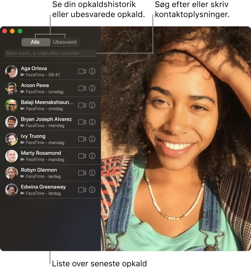 Et FaceTime-vindue, der viser, hvordan du kan foretage et video- eller lydopkald, bruge søgefeltet til at skrive eller søge efter kontaktoplysninger og få vist listen med de seneste opkald.