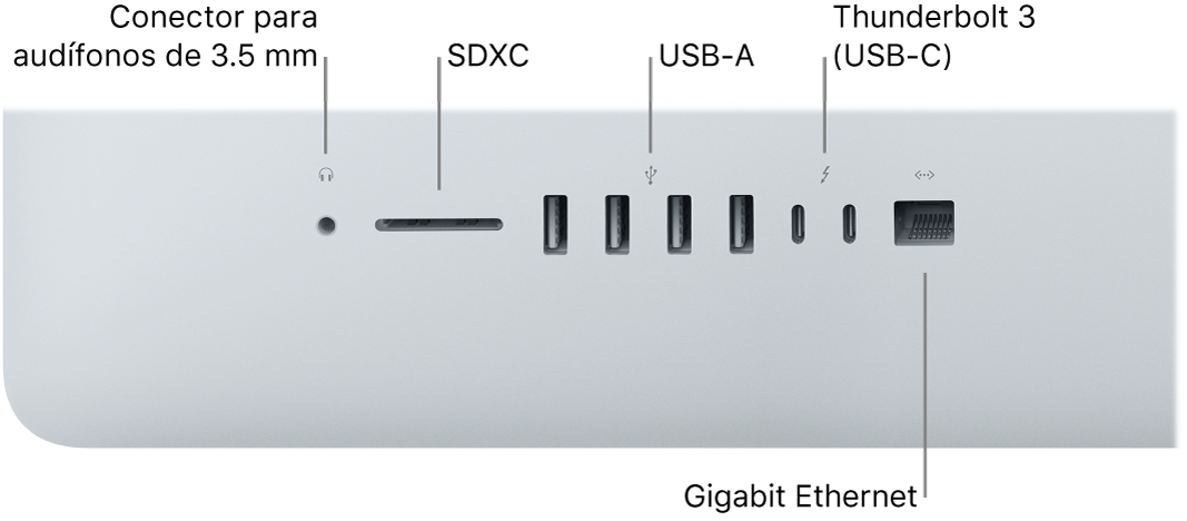 Una iMac mostrando el conector para audífonos de 3.5 mm, puerto SDXC, puertos USB-A, puertos Thunderbolt 3 (USB-C) y el puerto Gigabit Ethernet.