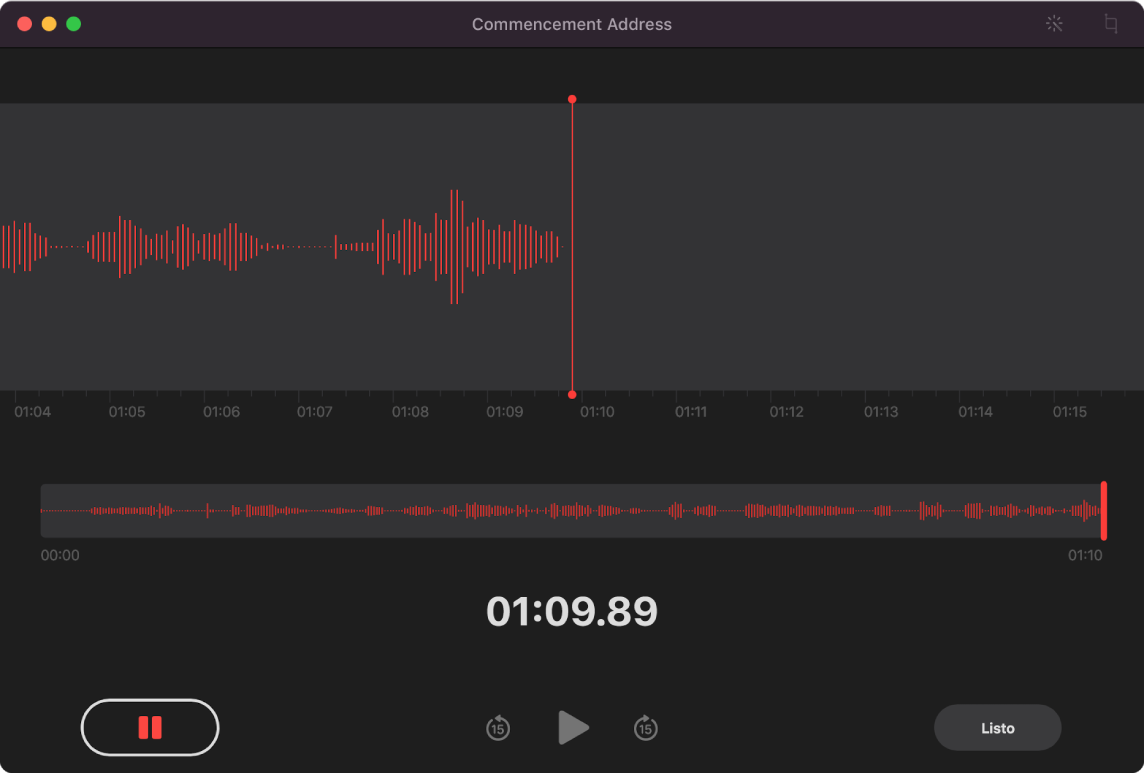 Ventana de Notas de Voz mostrando una grabación en curso.