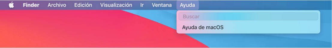 Parte de un escritorio con el menú Ayuda abierto, mostrando las opciones del menú Buscar y Ayuda de macOS.