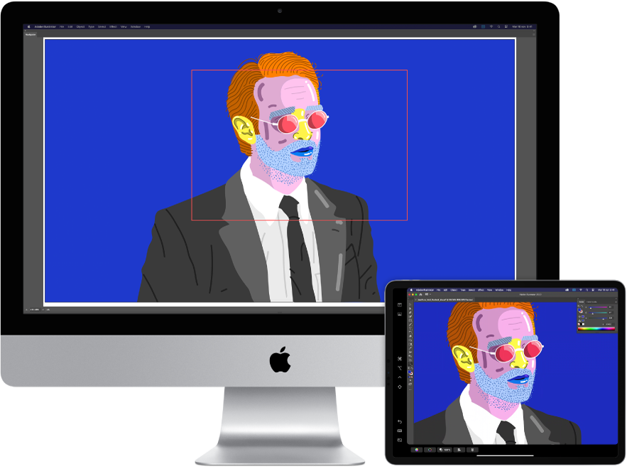 Un iMac al lado de un iPad. El iMac muestra una ilustración dentro de la ventana de navegación de Illustrator. El iPad muestra la misma ilustración en la ventana de documentos de Illustrator, rodeada de barras de herramientas.