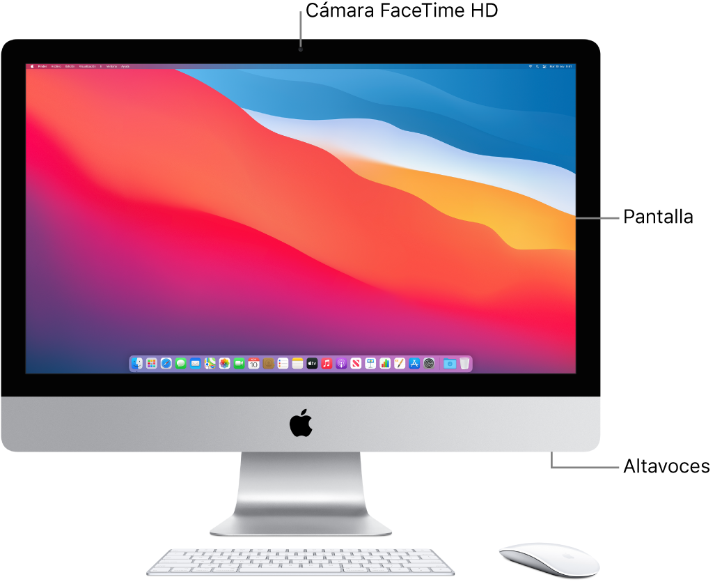 Vista delantera del iMac con la pantalla, la cámara, los micrófonos y los altavoces.