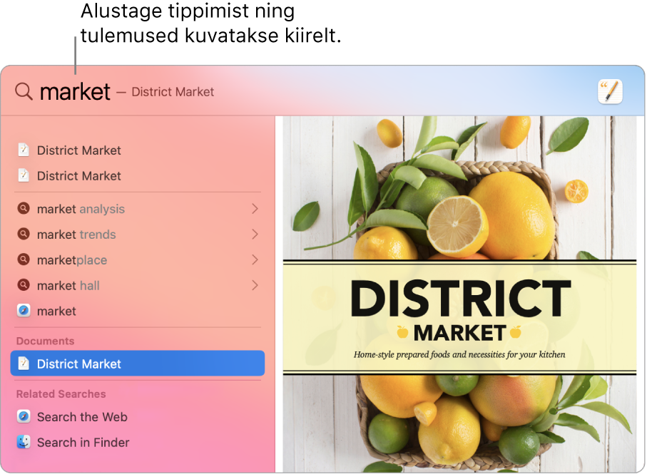 Spotlighti aknas kuvatakse otsingutulemusi vasakul.