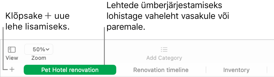 Rakenduse Numbers aknas selgitatakse, kuidas lisada uut lehte ja kuidas järjestada lehti ümber.