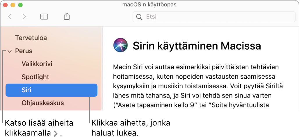 Ohje-katseluikkuna, joka havainnollistaa, miten sivupalkissa lueteltuja aiheita voi selata ja miten aiheen sisällön saa aukaistua.