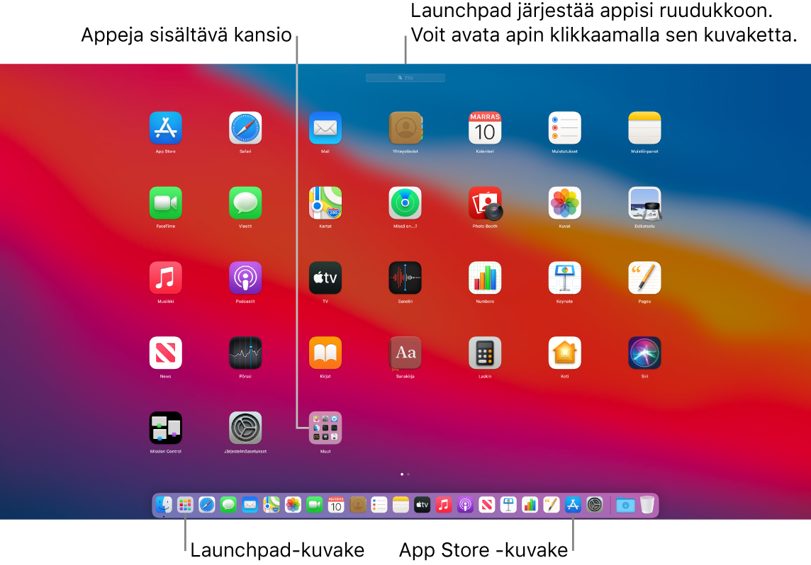 Macin näyttö, jossa on Launchpad avoinna. Launchpadissa näkyvät appikansio ja Dockin Launchpad- ja App Store -kuvakkeet.