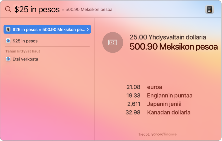 Näyttökuva dollareiden muuntamisesta pesoiksi. Paras osuma näyttää muunnoksen ja useita muita valittavissa olevia tuloksia.