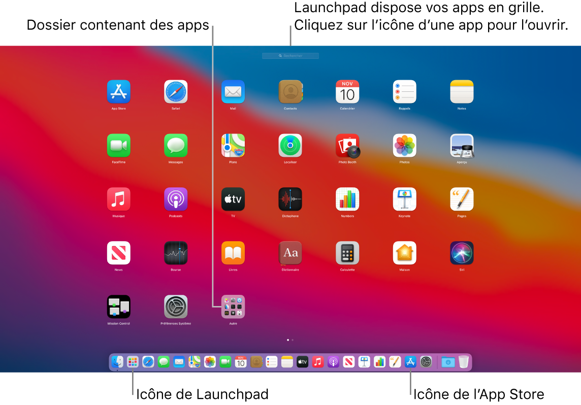 L’écran du Mac avec Launchpad ouvert, affichant un dossier d’apps dans Launchpad, et les icônes Launchpad et App Store dans le Dock.