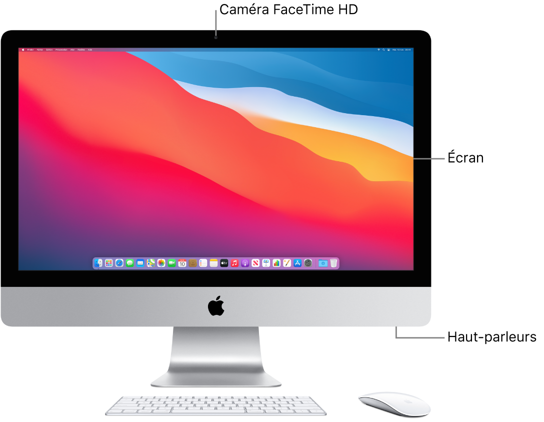 Vue frontale de l’iMac avec l’écran, la caméra et les haut-parleurs.