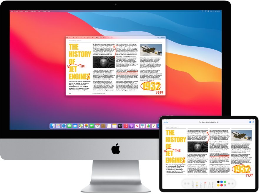 Un iMac et un iPad côte à côte. Les deux écrans affichent un article couvert de modifications griffonnées en rouge, telles que des phrases barrées, des flèches et des mots ajoutés. L’iPad montre également des commandes d’annotation au bas de l’écran.