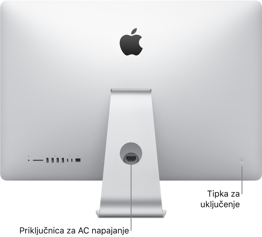 Prikaz stražnjeg dijela računala iMac koji prikazuje AC kabel za napajanje i tipku za uključenje.