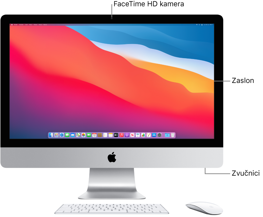 Prednja strana iMac računala sa zaslonom, kamerom i zvučnicima.