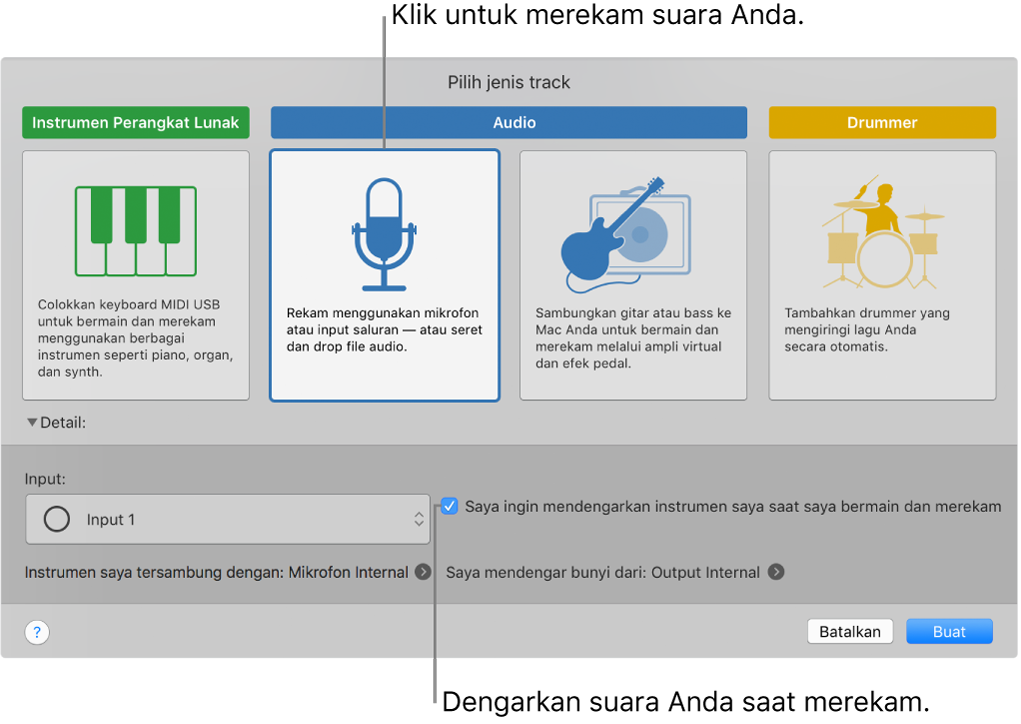 Panel instrumen GarageBand menampilkan tempat Anda mengeklik untuk merekam suara dan cara mendengarkan suara Anda sendiri saat merekam.