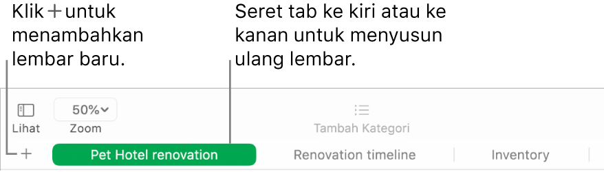 Jendela Numbers menampilkan cara untuk menambah lembar baru dan menyusun ulang lembar.