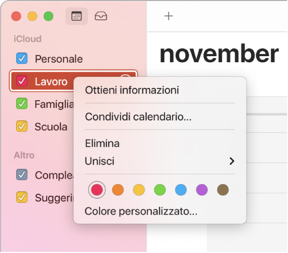 Menu di scelta rapida con le opzioni per personalizzare il colore di un calendario.