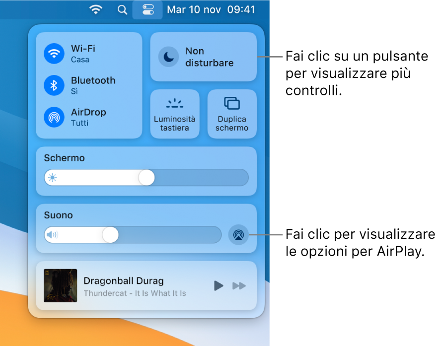 Vista ingrandita di Centro di Controllo sul Mac.