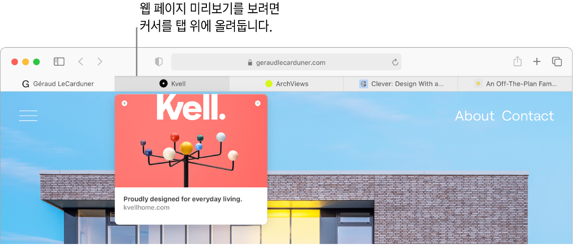 탭 레이블과 함께 파비콘이 표시된 5개의 탭이 있는 Safari 윈도우. 한 탭 아래 해당 탭의 내용을 보여주는 미리보기 윈도우가 있음.