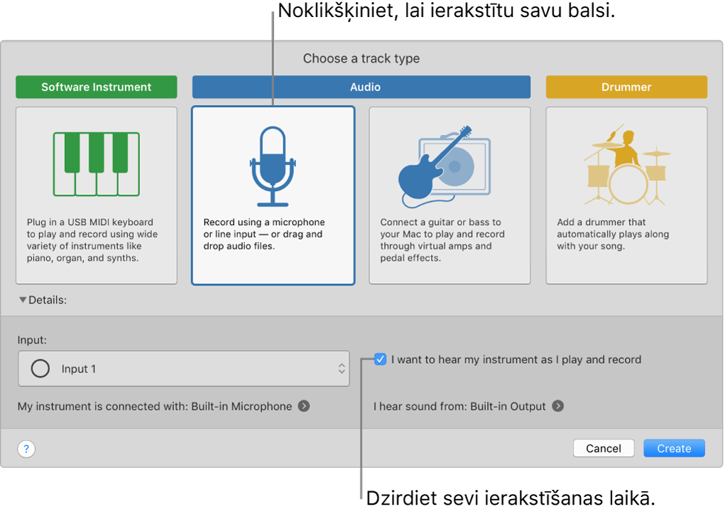 Lietotnes GarageBand instrumentu panelī parādīts, kur jāklikšķina, lai ierakstītu balsi, un kā klausīties sevi ierakstīšanas laikā.