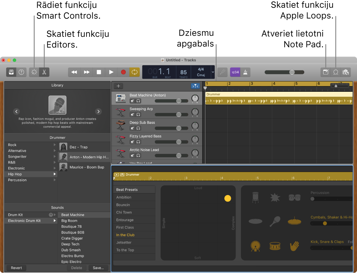 Lietotnes GarageBand logā redzamas pogas piekļuvei funkcijām Smart Controls, Editors, Notes un Apple Loops. Ir redzams arī skaņu celiņu attēlojums.