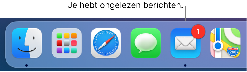 Een gedeelte van het Dock met daarin het appsymbool van Mail, met een badge die ongelezen berichten aangeeft.