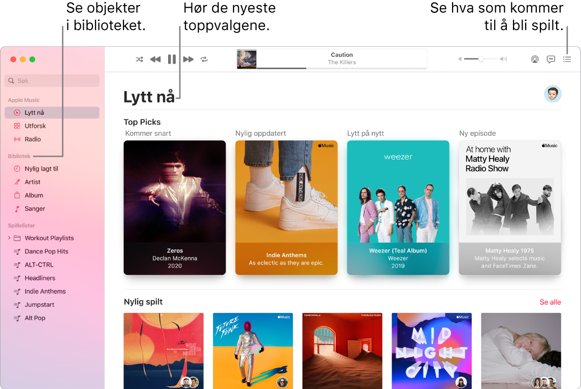 Et Musikk-programvindu som viser hvordan du kan vise biblioteket, lytte til Apple Music og se neste sang.