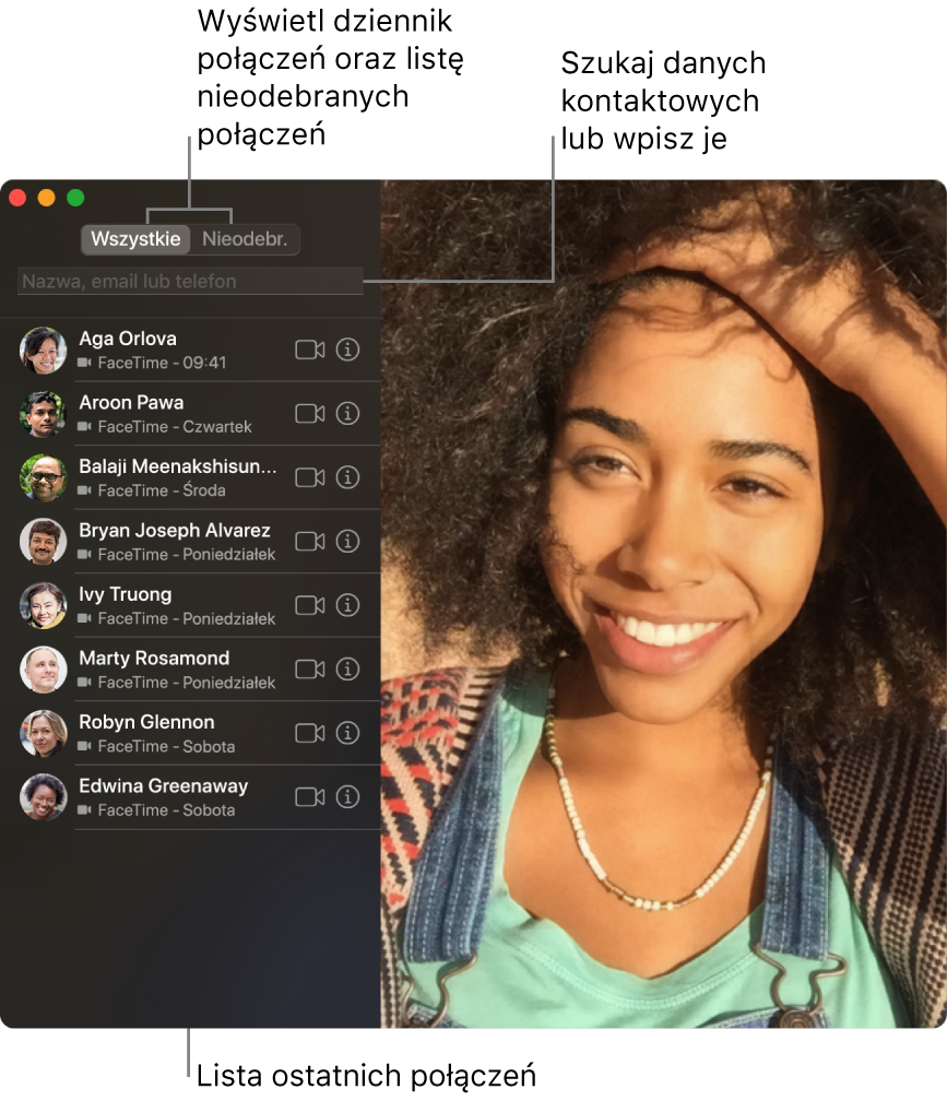 Okno aplikacji FaceTime z opisami przycisków wyboru połączenia wideo lub audio oraz pola wyszukiwania kontaktów; wyświetlana jest także lista ostatnich połączeń.