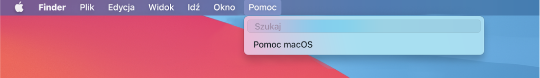 Częściowy widok biurka z rozwiniętym menu Pomoc i opcje menu Szukaj oraz menu Pomoc macOS.