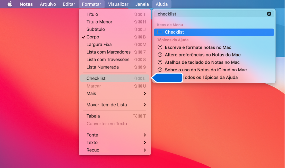 O menu Ajuda, mostrando uma busca por “lista” com o comando Lista com Marcadores em destaque na lista de resultados e no menu Formatar.