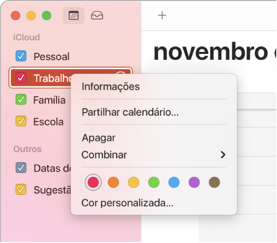 Menu de atalhos do Calendário com opções para personalizar a cor de um calendário.