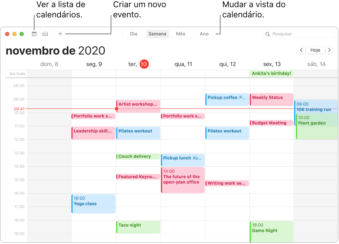 Uma janela do Calendário a mostrar como criar um evento, ver a lista de calendários, e escolher a vista diária, semanal, mensal ou anual.