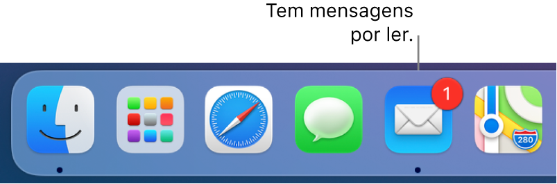 Uma secção da Dock a mostrar o ícone da aplicação Mail com um emblema, a indicar o número de mensagens não lidas.