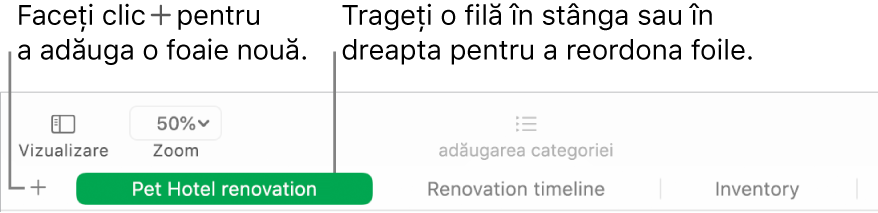 O fereastră Numbers afișând modul în care să adăugați o foaie nouă și cum să reordonați foile.