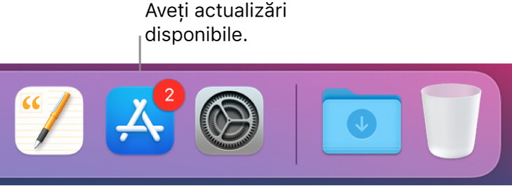 O secțiune din Dock afișând pictograma App Store cu o insignă, indicând că există actualizări disponibile.