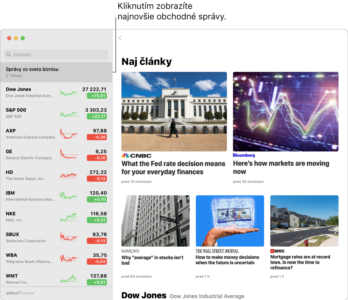 Dashboard aplikácie Akcie zobrazujúci trhové ceny v zozname sledovaných akcií spolu so súvisiacimi najlepšími článkami.