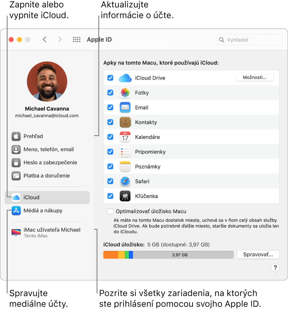 Panel Apple ID v Systémových nastaveniach. Po kliknutí na rôzne položky v postrannom paneli môžete aktualizovať údaje o svojom účte, zapnúť alebo vypnúť iCloud, spravovať mediálne účty alebo zobraziť všetky zariadenia prihlásené pod vaším Apple ID.