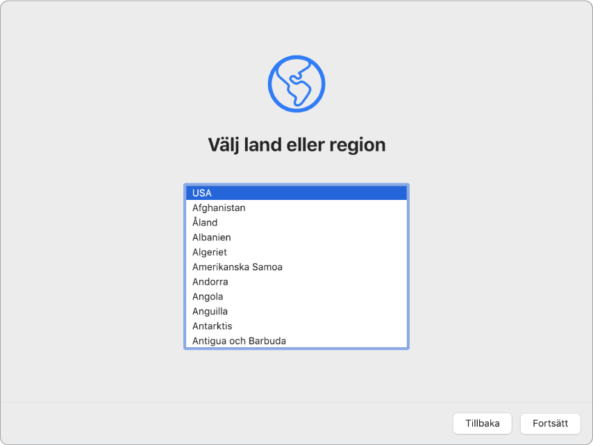 En Mac-skärm med inställningsassistenten som visar välkomstskärmen.