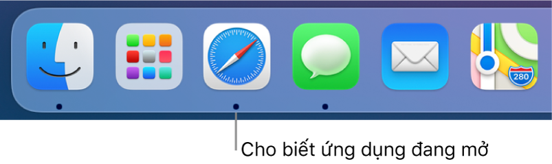 Một phần của Dock đang hiển thị các dấu chấm màu đen bên dưới các ứng dụng được mở.