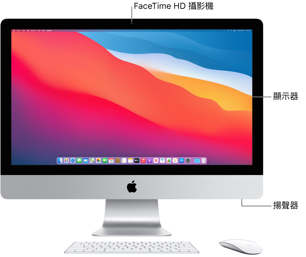 iMac 正面，顯示螢幕、相機和揚聲器。