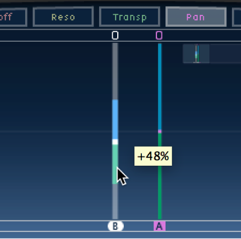 Pantalla Tap de Delay Designer, mostrando la edición de la amplitud estéreo.