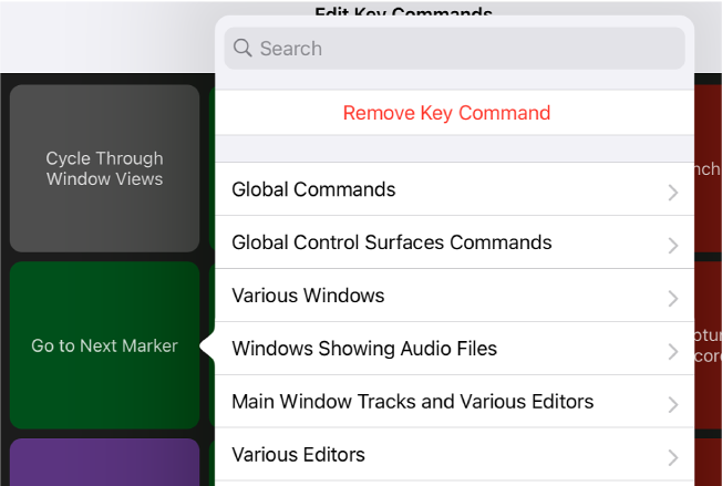 Figure. Key Commands pop-up menu.