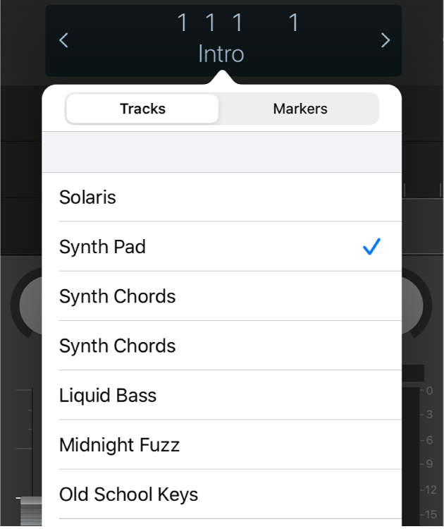 Figure. List of tracks underneath the control bar display.